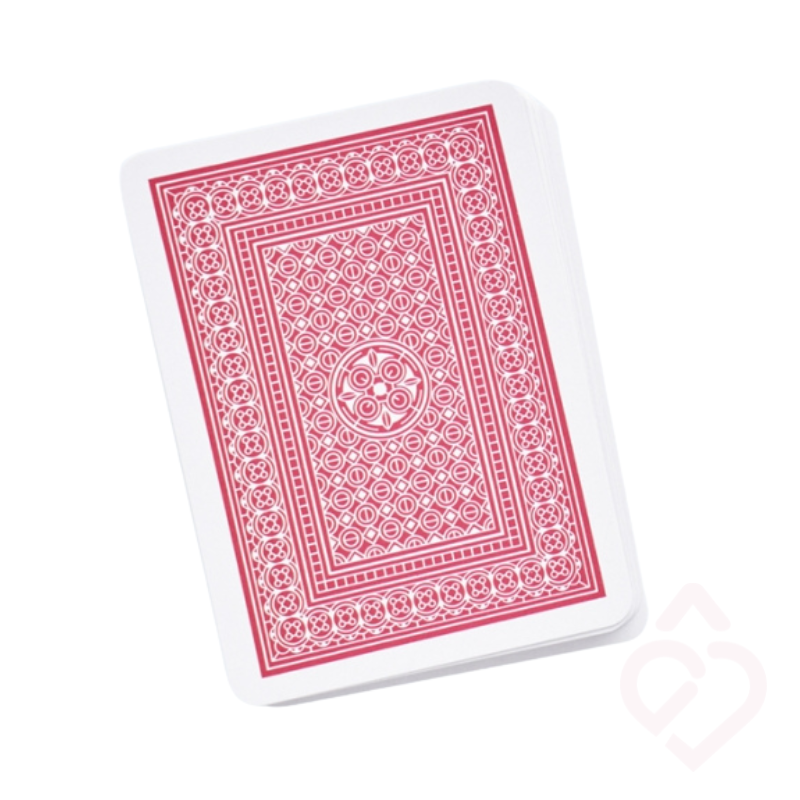 Baralho de cartas de tamanho grande empilhado, visto pelo verso com padrão decorativo vermelho.