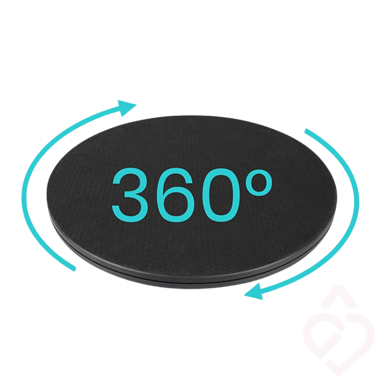 Disco giratório preto com rotação de 360 graus, indicada por setas em redor.