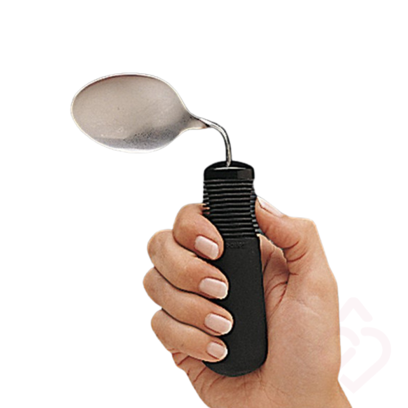 Colher adaptada com cabo engrossado e antiderrapante, concebida para facilitar a preensão. A colher inclinada para qualquer um dos lados, adaptando-se às necessidades do utilizador. Ideal para promover maior conforto e autonomia durante as refeições.