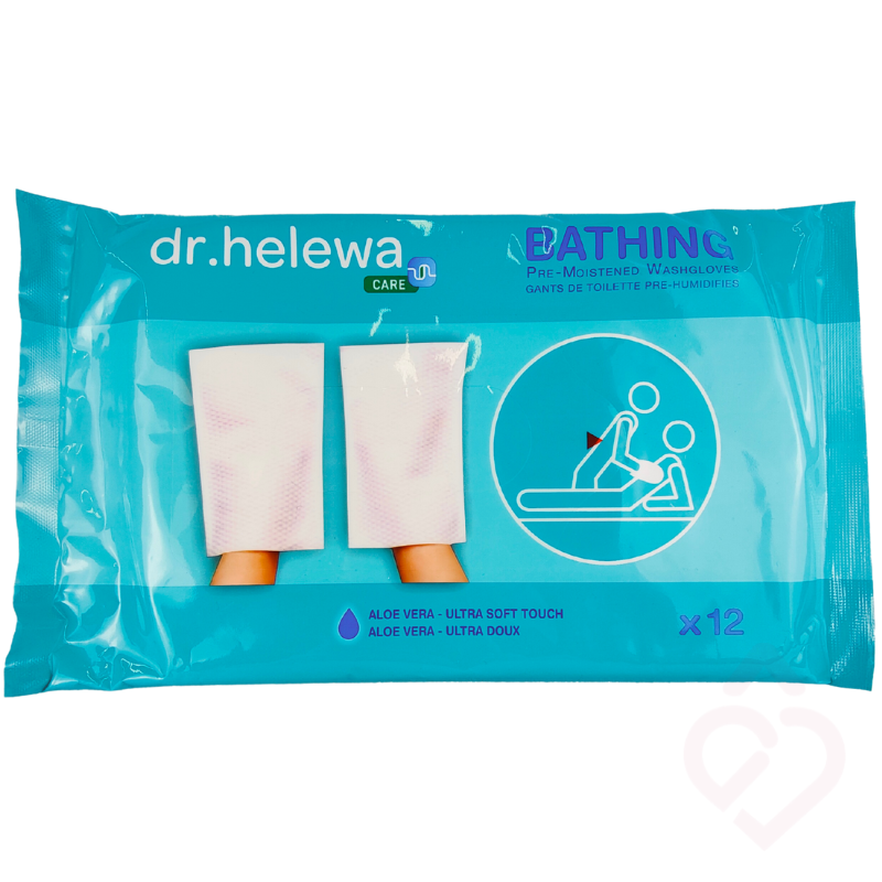 Embalagem de 12 manápulas impregnadas Dr. Helewa Bathing, pré-humedecidas e com aloe vera, para higiene corporal.