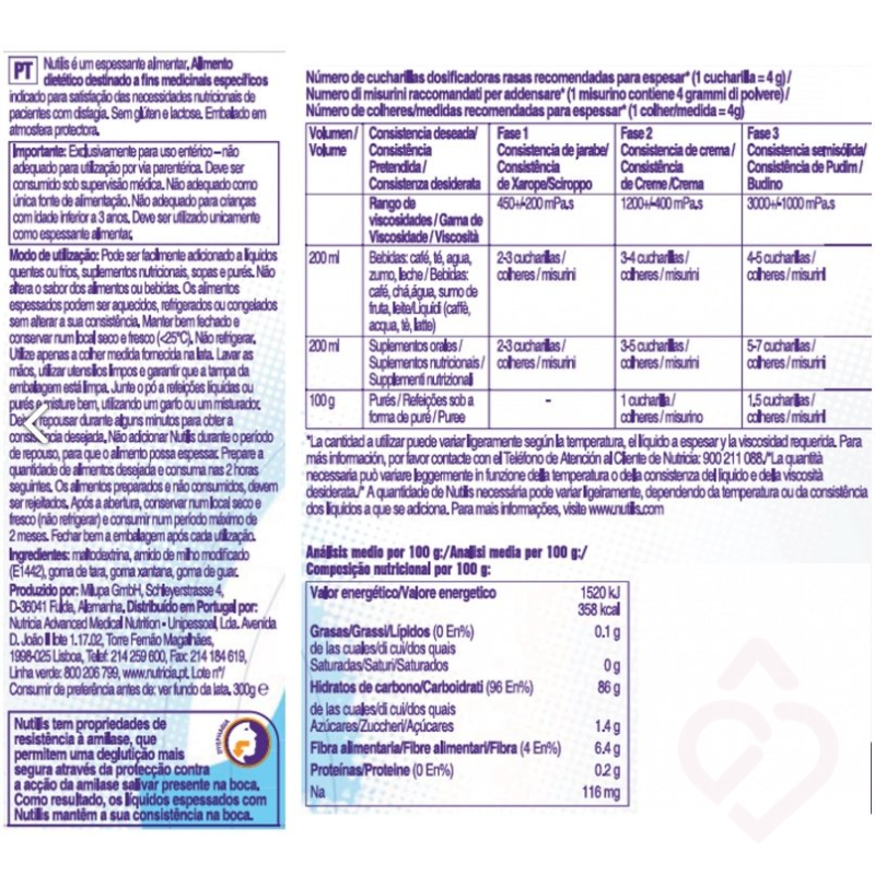 Rótulo informativo do Nutricia Nutilis Powder, espessante alimentar indicado para pessoas com disfagia, com instruções de preparação e dosagem para obter diferentes consistências em líquidos, suplementos nutricionais e alimentos, promovendo uma deglutição mais segura.