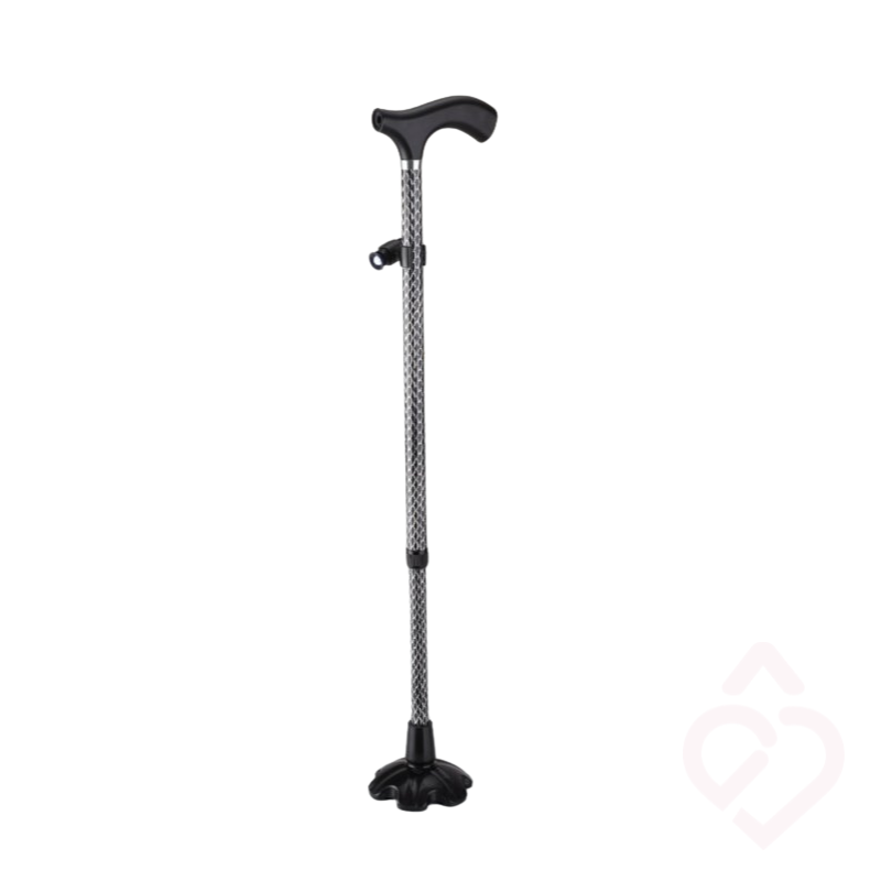 Ponteira larga preta com base antiderrapante colocada numa bengala de aluminio regulável em altura