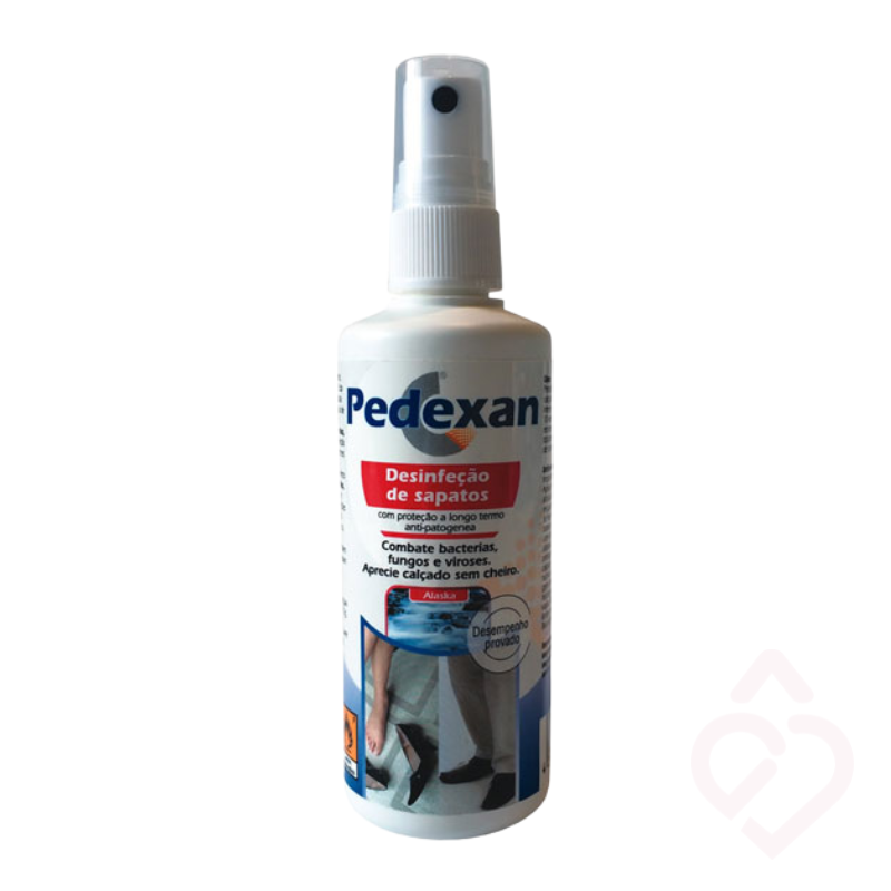 Spray para calçado Pedexan, desenvolvido para desinfetar o interior dos sapatos e combater bactérias e fungos. Ajuda a eliminar odores desagradáveis e proporciona um efeito residual para uma proteção mais duradoura.