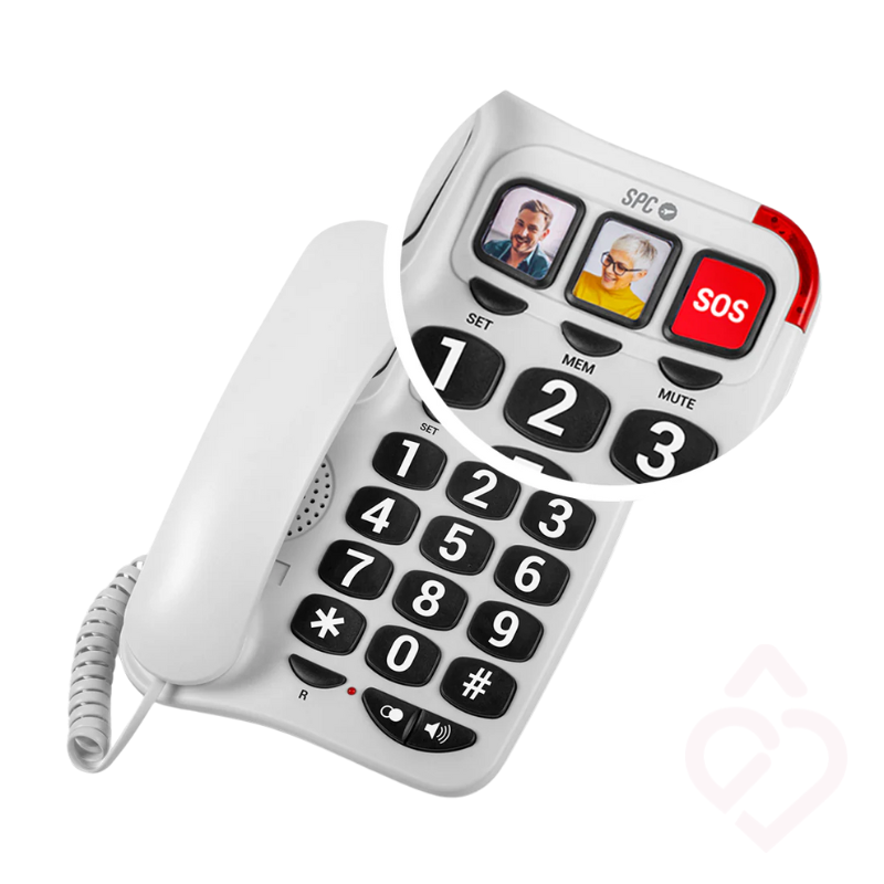 Telefone fixo SPC COMFORT NUMBERS 2, com teclas e números extragrandes, memórias diretas com fotografia e botão SOS, concebido para facilitar as chamadas e proporcionar maior segurança e autonomia, especialmente a pessoas idosas ou com dificuldades de visão e audição.