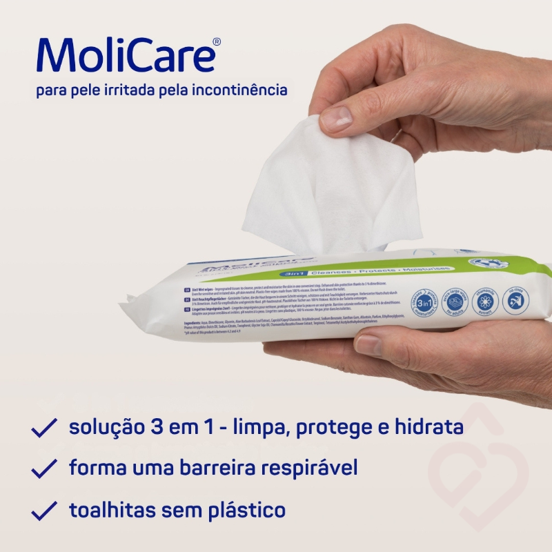 Toalhitas húmidas 3 em 1 MoliCare sem plástico para higiene diária da pele