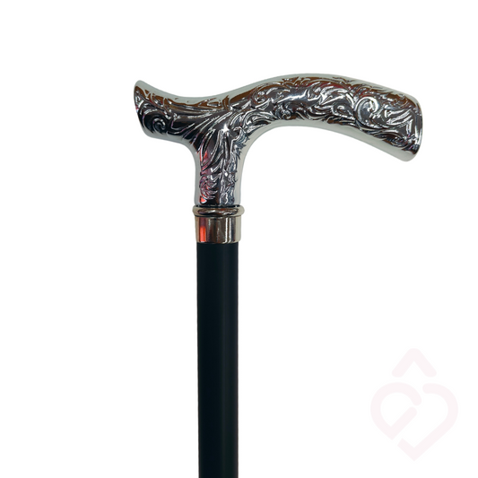 Bengala Alumínio Preta – Elegante Punho Trabalhado Prateado