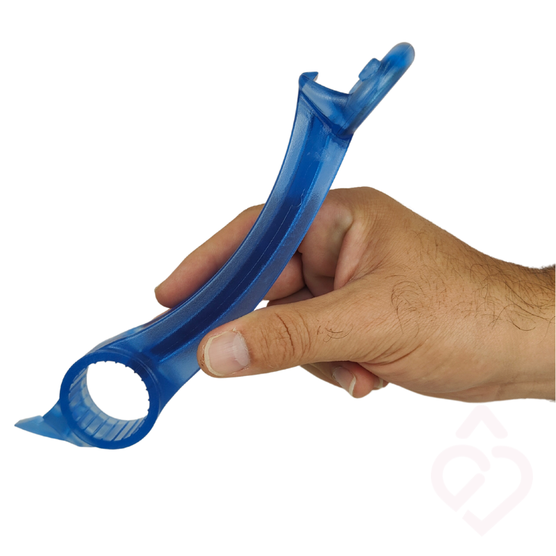Abre-frascos multifunções com pega ergonómica, que facilita a abertura de frascos, garrafas e diferentes tipos de tampas. Ajuda a reduzir o esforço necessário, sendo especialmente útil para pessoas com pouca força ou mobilidade nas mãos.