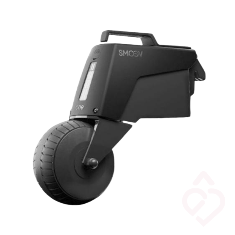 Dispositivo elétrico Alber Smoov One para assistência à propulsão de cadeira de rodas manual, com roda motriz integrada.