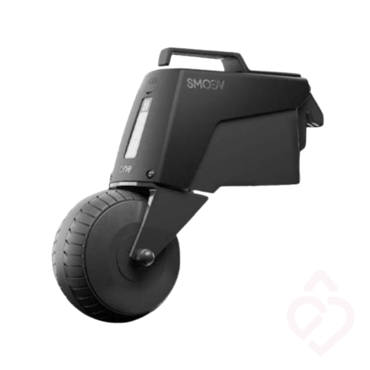 Dispositivo elétrico Alber Smoov One para assistência à propulsão de cadeira de rodas manual, com roda motriz integrada.