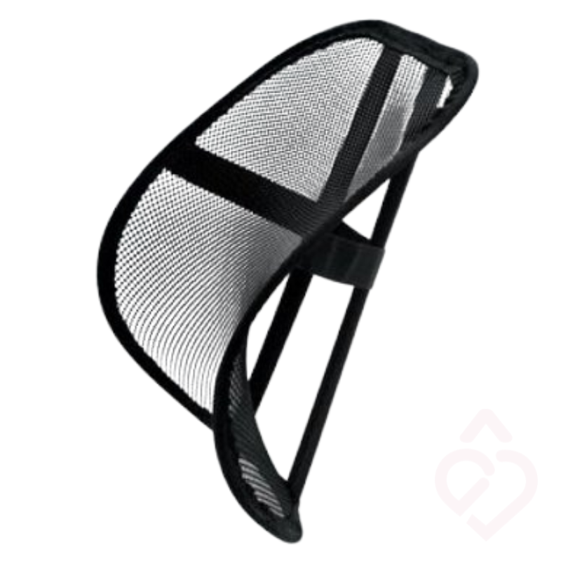 Apoio lombar em rede preta para cadeira, com estrutura ergonómica para suporte das costas.