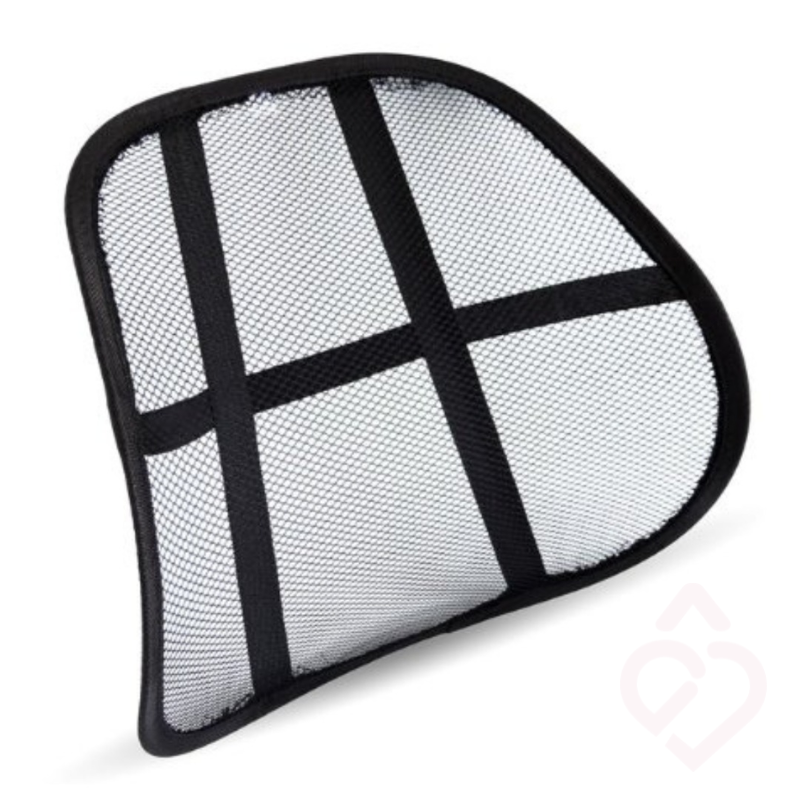 Apoio lombar em rede preta para cadeira, com estrutura ergonómica para suporte das costas.
