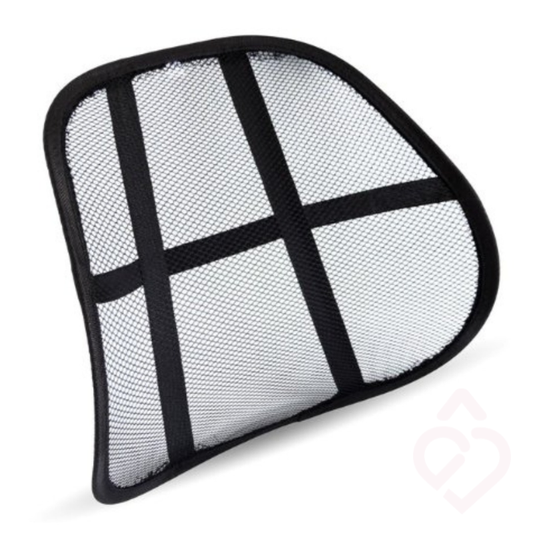 Apoio lombar em rede preta para cadeira, com estrutura ergonómica para suporte das costas.