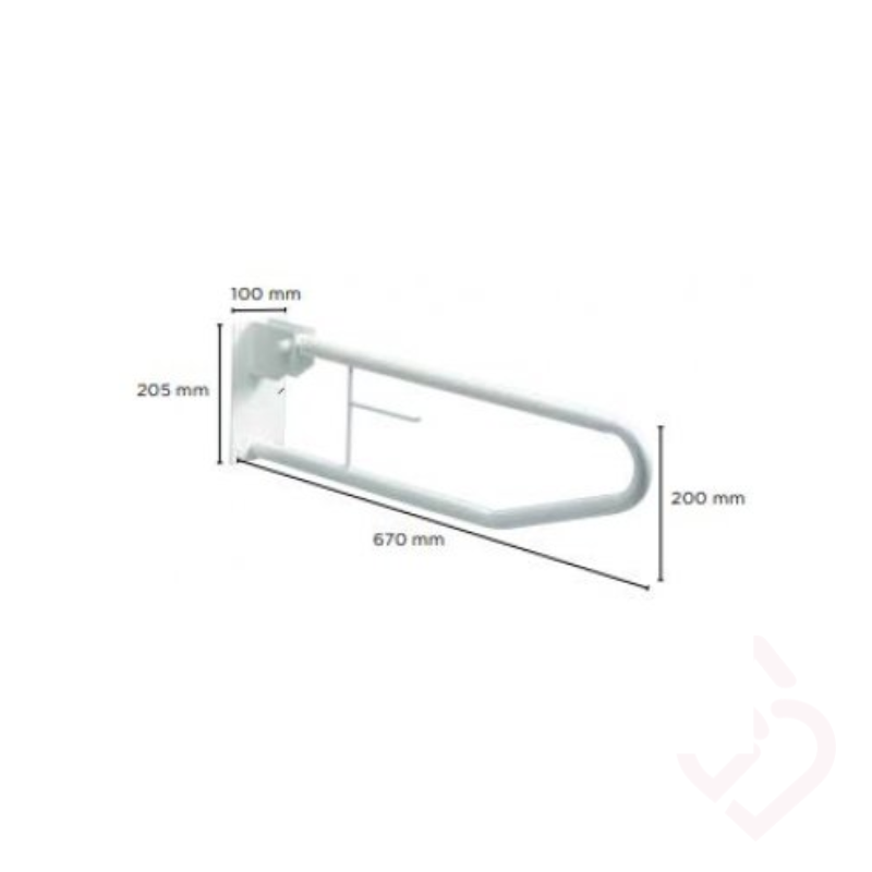 Barra de apoio rebatível de parede Invacare, com 670 mm de comprimento e estrutura de fixação à parede, oferecendo um apoio seguro e funcional sem ocupar espaço desnecessário quando recolhida.