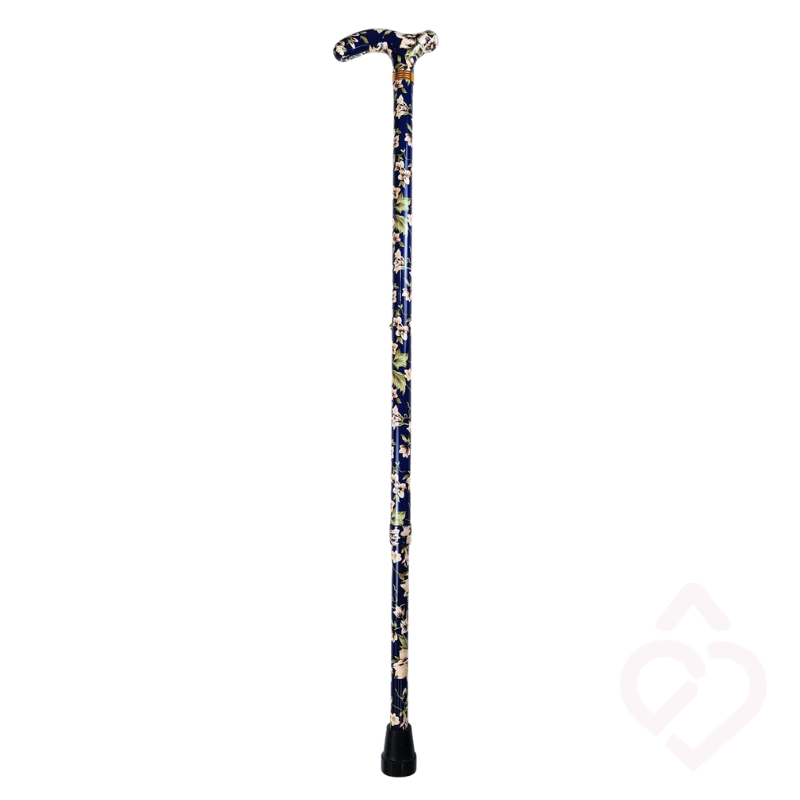 Bengala azul com punho, haste com padrão floral e ponteira antiderrapante preta