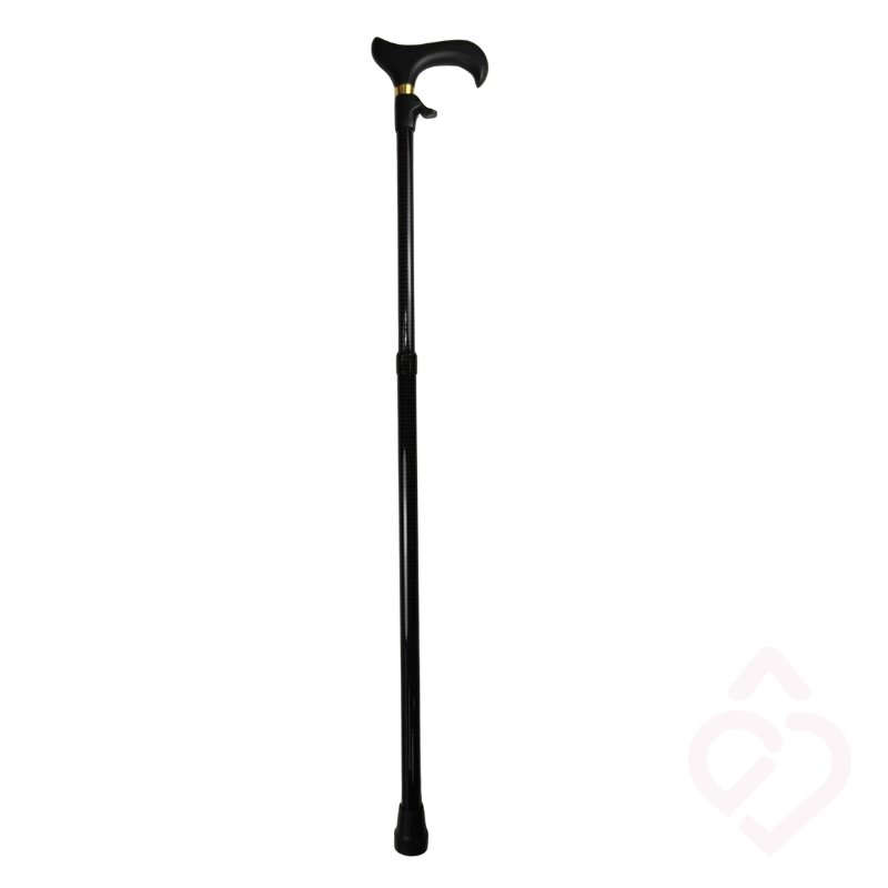 Bengala preta regulável em altura, com punho ergonómico e ponteira preta.