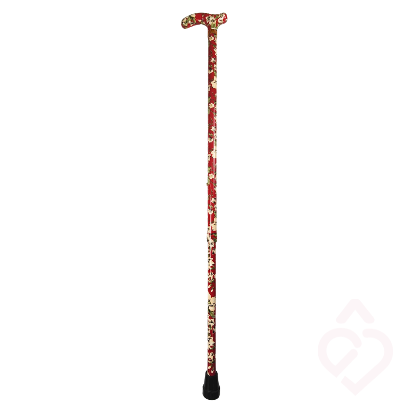 Bengala vermelha com padrão floral, punho estampado e ponteira preta