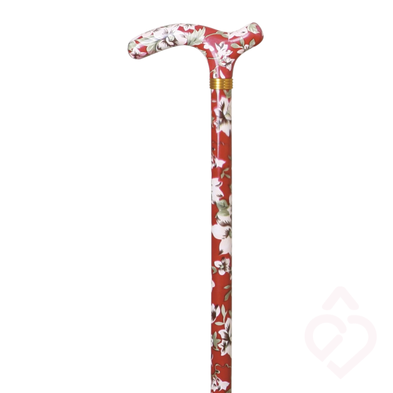Punho vermelho com padrão floral e haste vermelha com flores brancas da bengala.