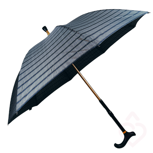 Bengala com chapéu de chuva integrado, tecido escuro às riscas e punho ergonómico.