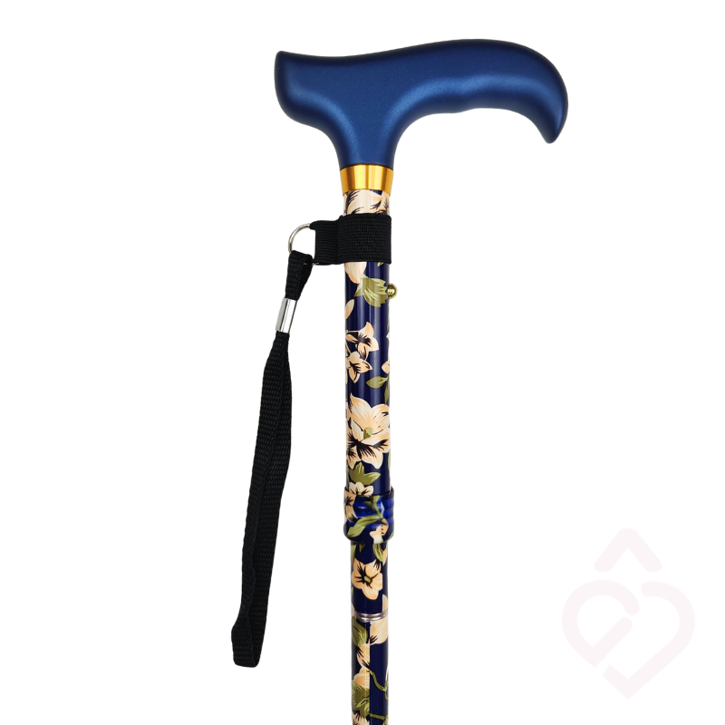 Detalhe do punho da bengala azul e padrão floral , com cordão para bengala