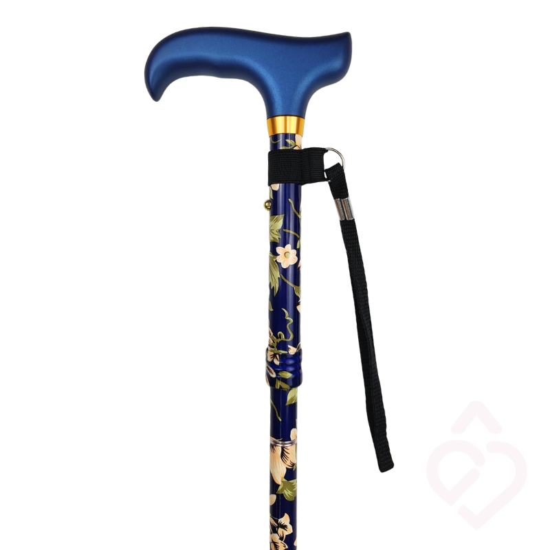 Detalhe do punho da bengala azul e padrão floral , com cordão para bengala