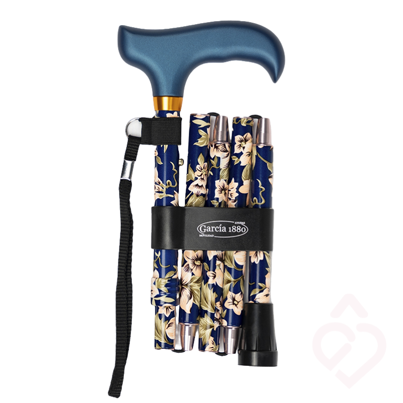 Bengala dobrável azul com padrão floral, punho de madeira e cordão de pulso
