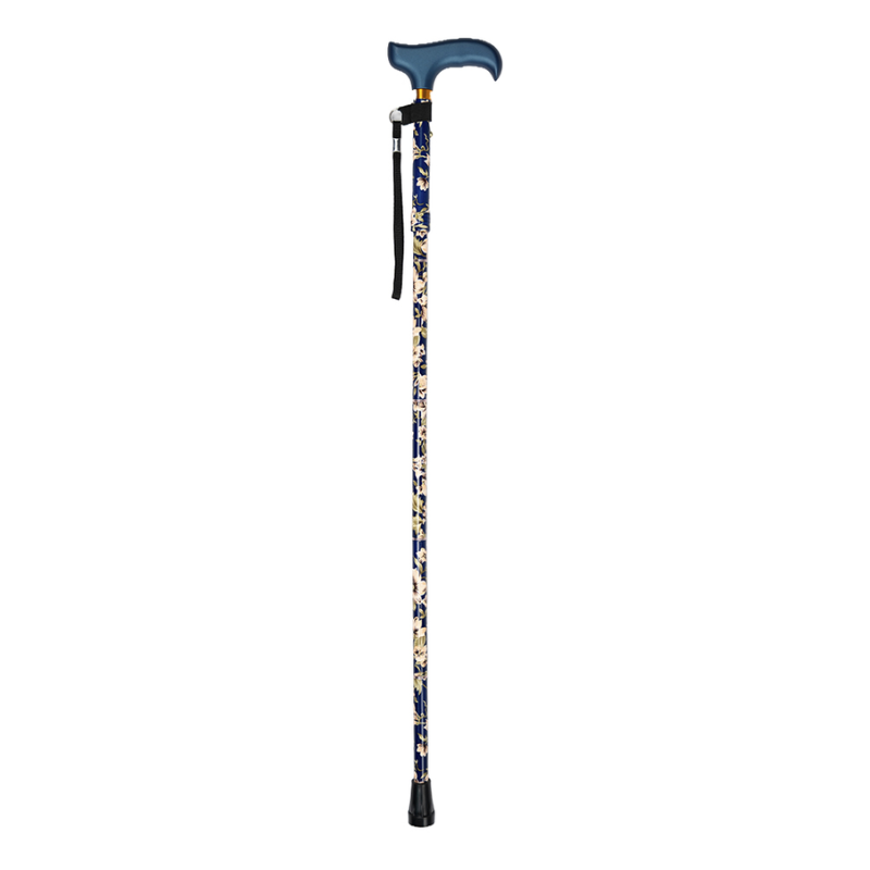 Bengala azul com punho de madeira, haste com padrão floral, cordão para bengala e ponteira preta