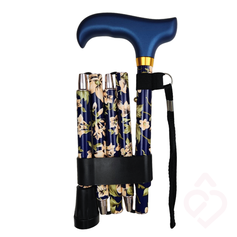Bengala dobrável azul com padrão floral, punho de madeira e cordão de pulso