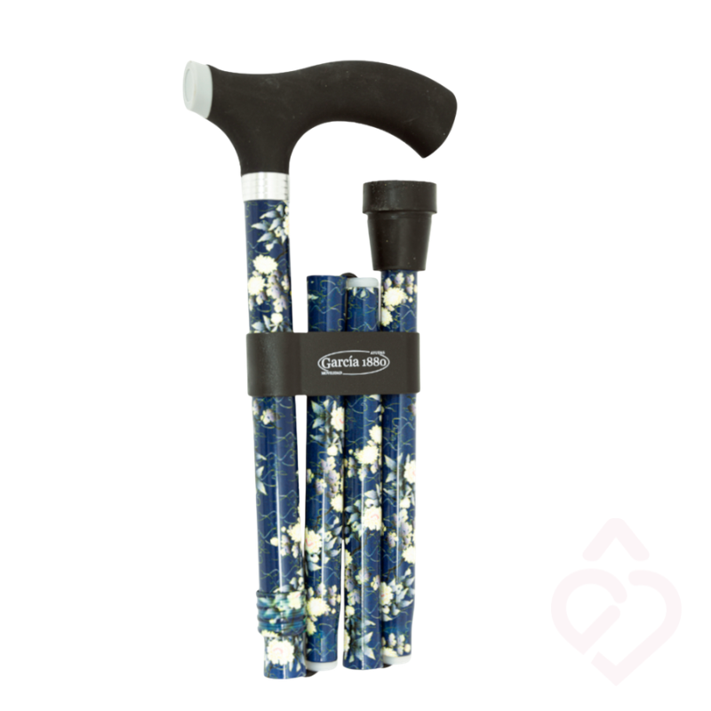 Bengala dobrável floral azul com punho macio preto e ponteira preta