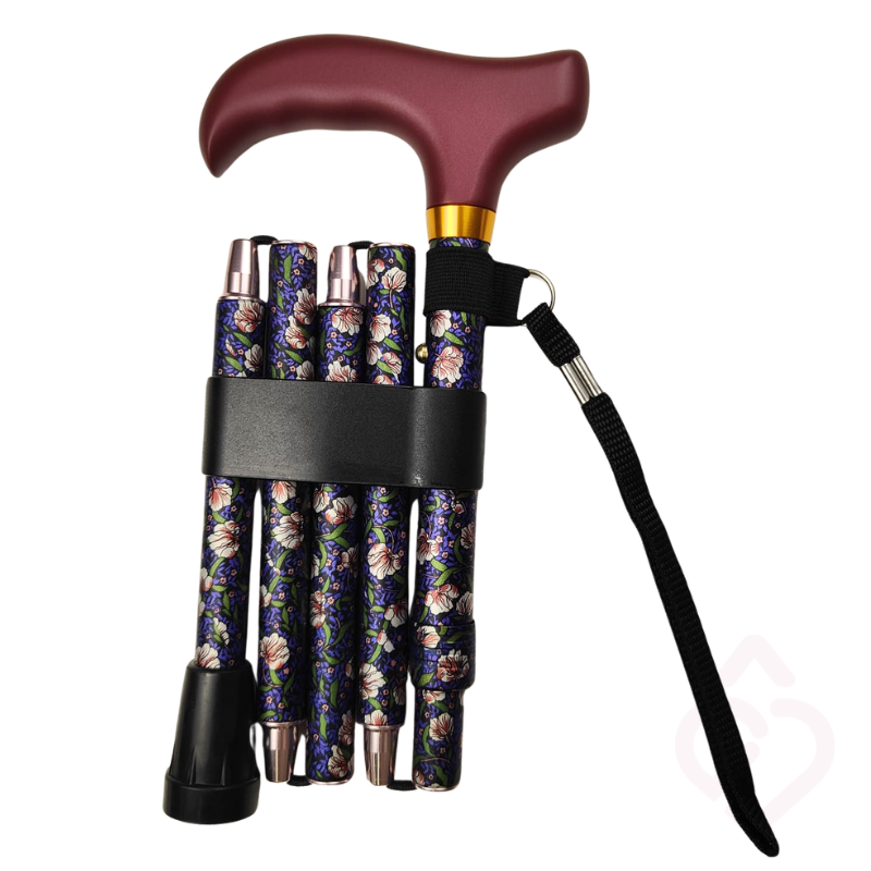 Bengala dobrável floral compacta, com punho de madeira e correia de pulso