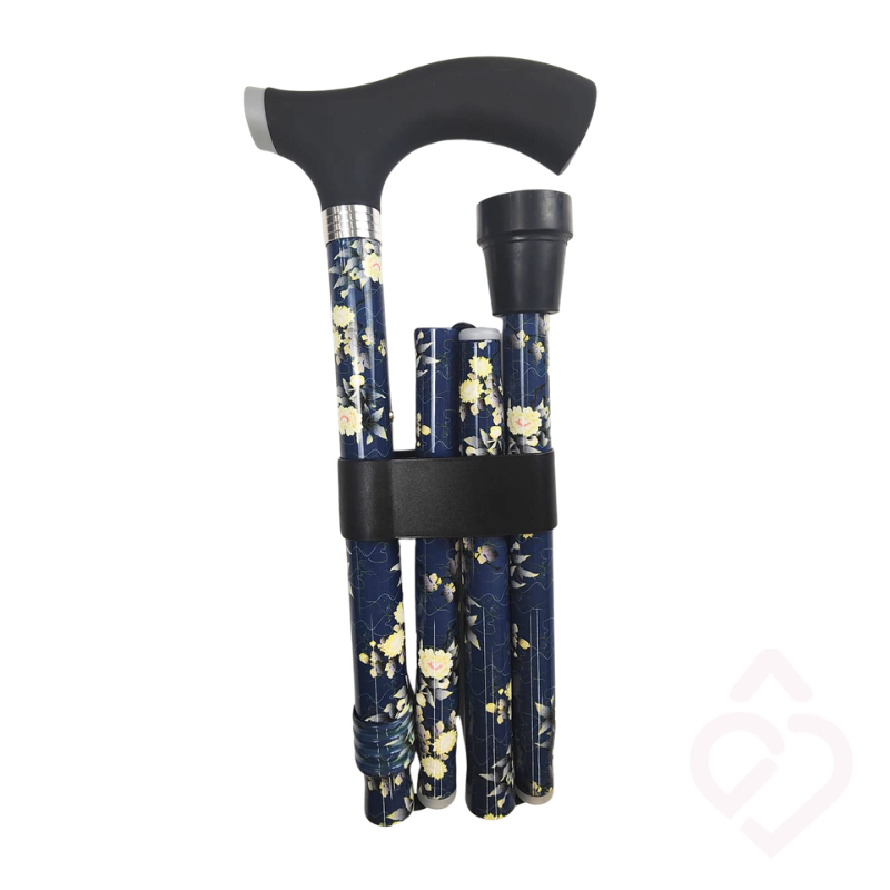 Bengala dobrável floral azul com punho macio preto e ponteira preta