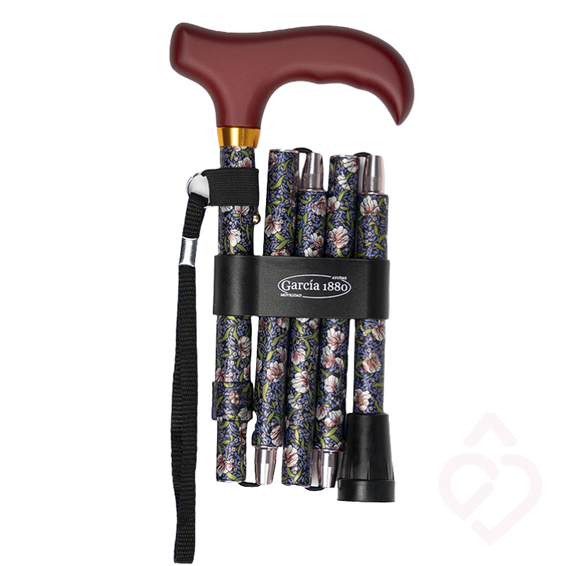 Bengala dobrável floral compacta, com punho de madeira e correia de pulso
