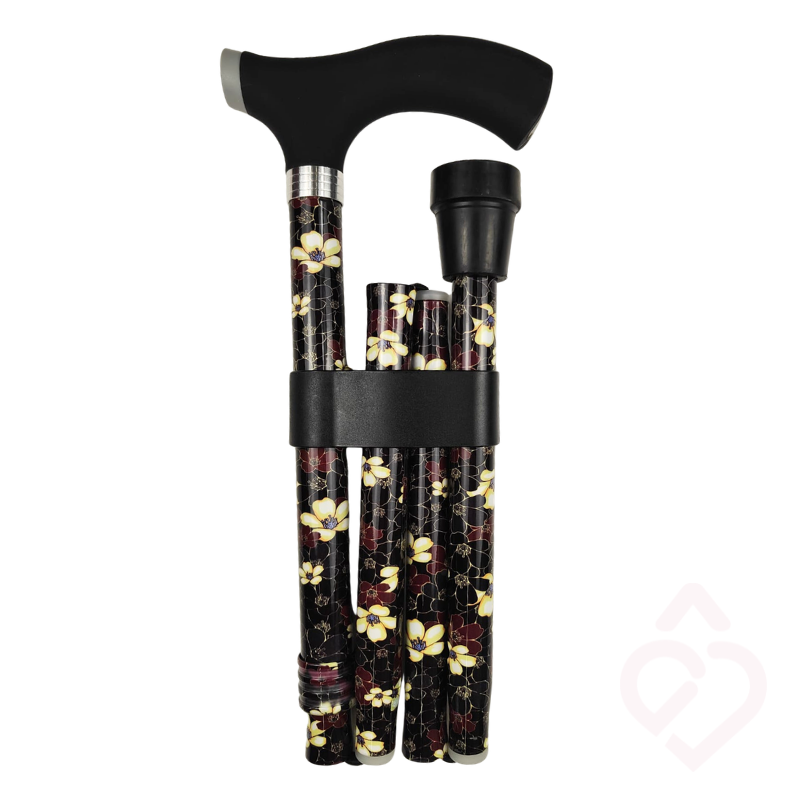 Bengala dobrável com flores brancas com punho macio preto