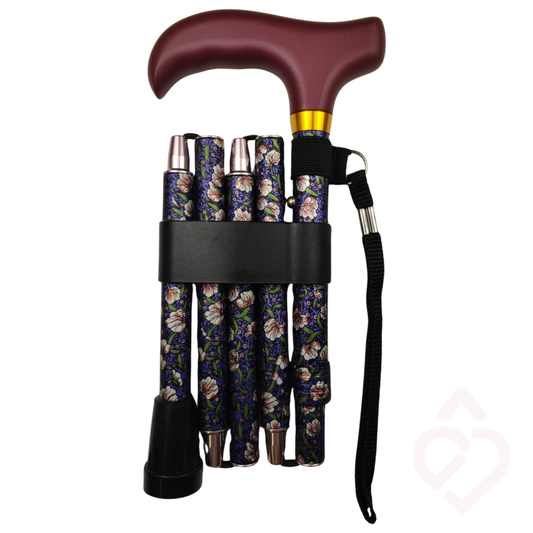 Bengala dobrável floral compacta, com punho de madeira e correia de pulso