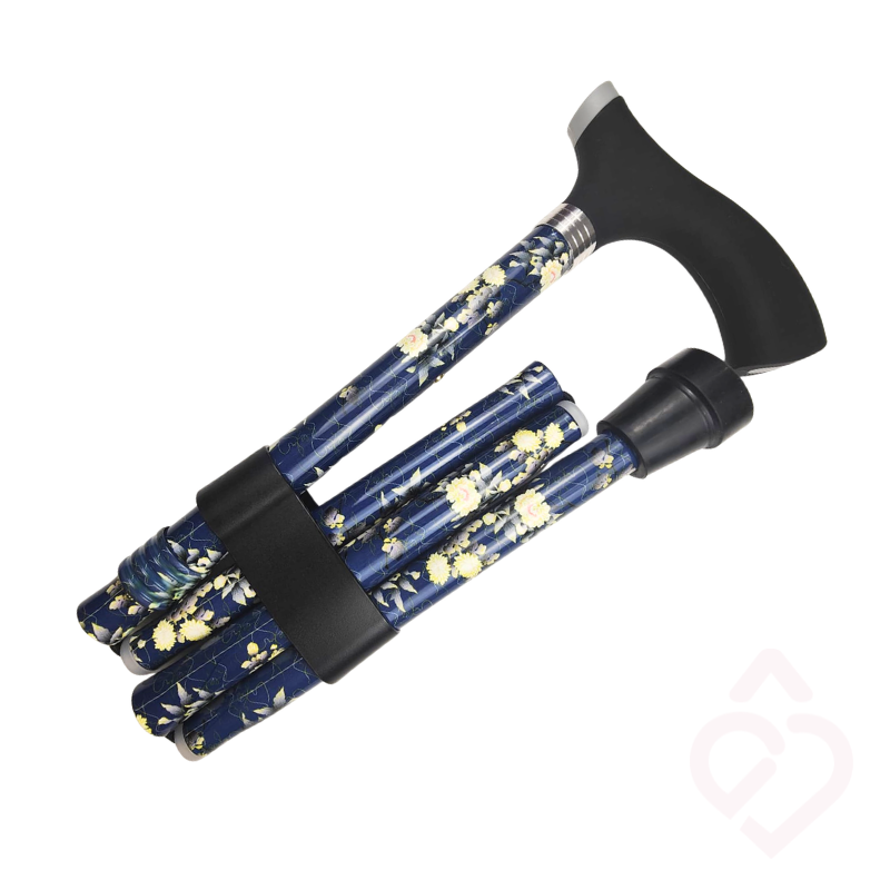 Bengala dobrável floral azul com punho macio preto e ponteira preta