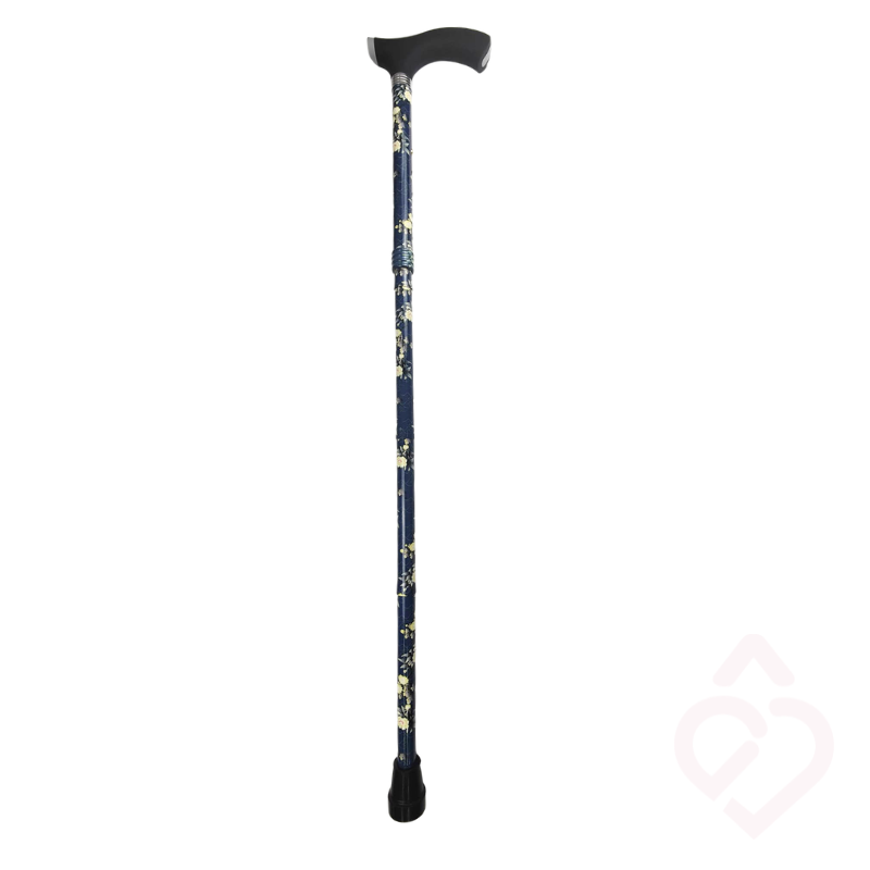 Bengala com punho macio preto, haste azul com padrão floral e ponteira preta