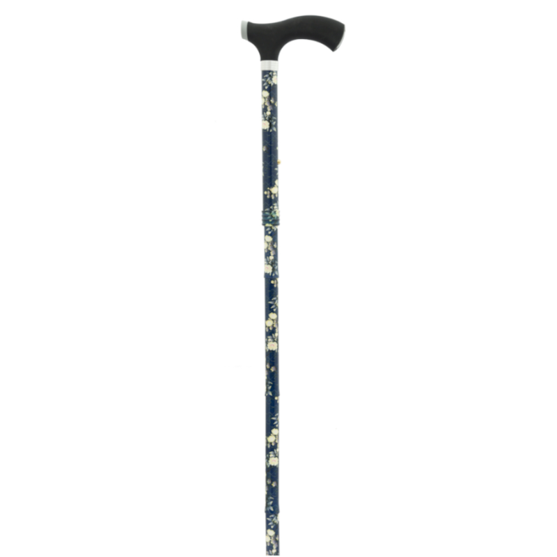 Detalhe do punho macio preto e da haste azul com padrão floral