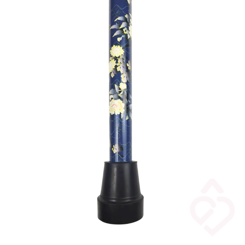 Detalhe da haste azul com padrão floral e ponteira preta da bengala
