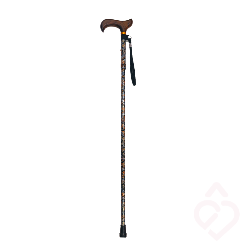 Bengala dobrável com padrão floral, cordão e ponteira antiderrapante, apresentada na posição aberta.