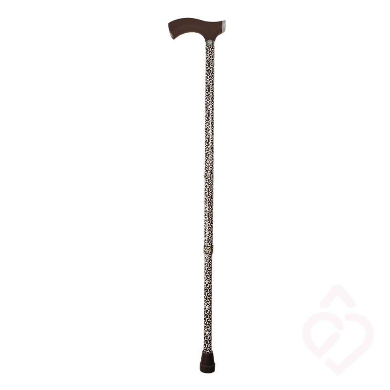 Bengala com punho macio castanho, haste estampada e ponteira castanha.