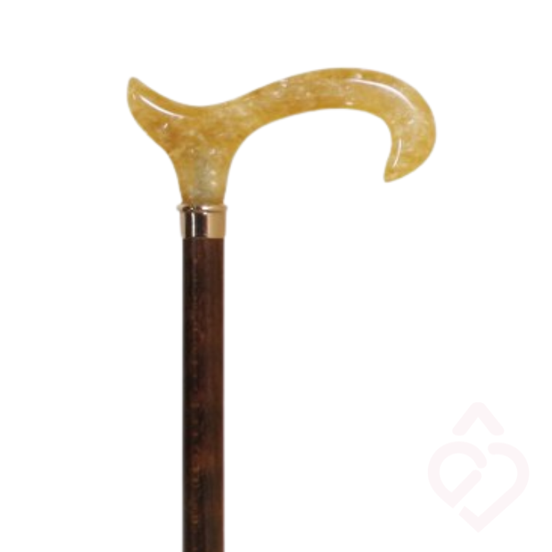 Bengala de madeira castanha com punho em acrílico dourado.