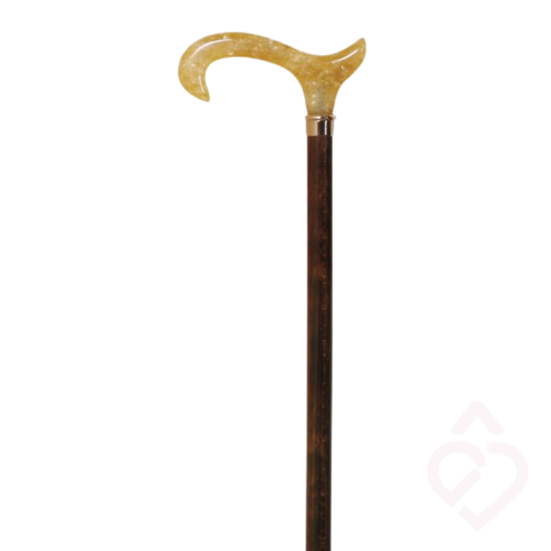 Bengala de madeira castanha com punho em acrílico dourado.