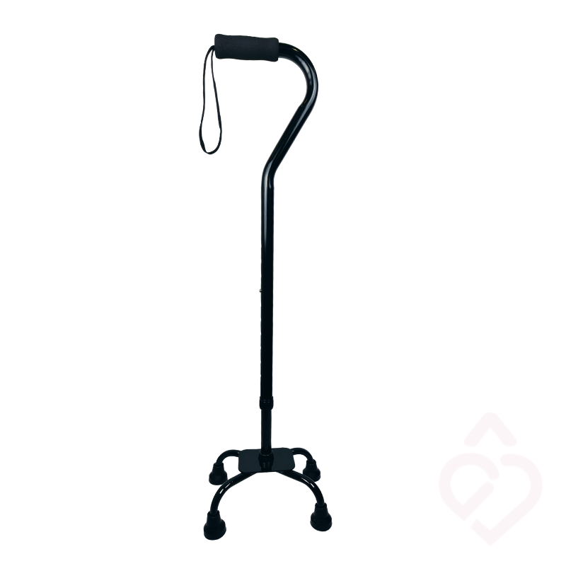 Bengala quadripé preto com base de quatro apoios, que proporciona maior estabilidade e segurança durante a marcha. Possui pega confortável e correia de pulso, oferecendo apoio adicional a pessoas com dificuldades de equilíbrio ou mobilidade.