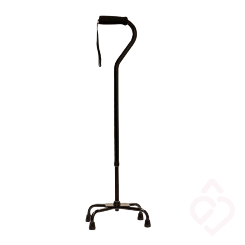 Bengala quadripé preto com base de quatro apoios, que proporciona maior estabilidade e segurança durante a marcha. Possui pega confortável e correia de pulso, oferecendo apoio adicional a pessoas com dificuldades de equilíbrio ou mobilidade.