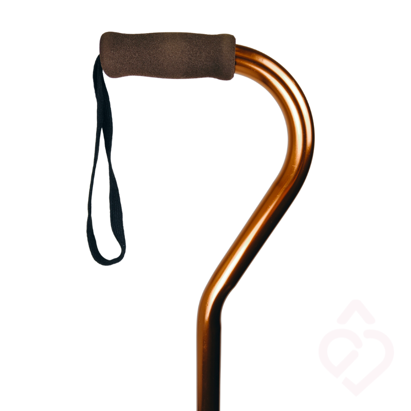 Pega da bengala quadripé bronze, com revestimento macio para uma preensão mais confortável e correia de pulso que ajuda a manter a bengala segura e próxima do utilizador.