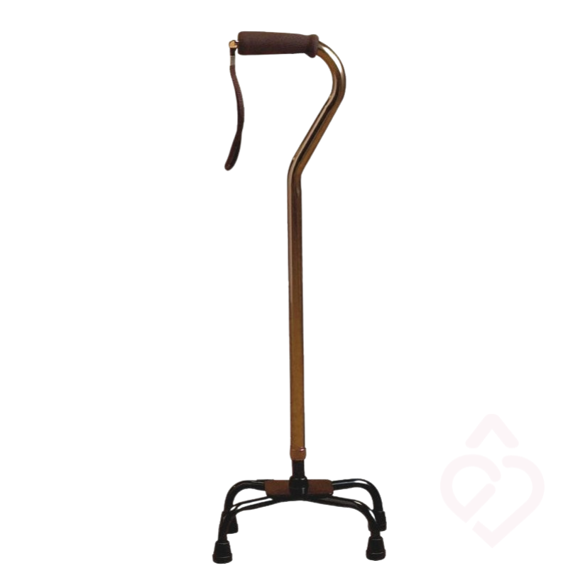 Bengala quadripé bronze com base de quatro apoios, que proporciona maior estabilidade e segurança durante a marcha. Possui pega confortável e correia de pulso, oferecendo apoio adicional a pessoas com dificuldades de equilíbrio ou mobilidade.