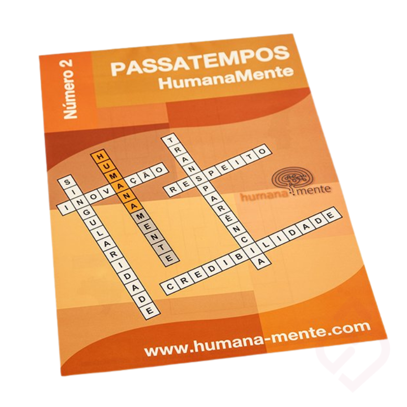 Bloco Passatempos HumanaMente Número 2, com atividades de palavras e outros exercícios para estimular a memória, a atenção e o raciocínio. Ideal para exercitar as capacidades cognitivas e manter a mente ativa de forma lúdica.