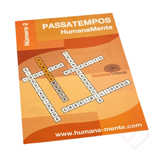 Bloco Passatempos HumanaMente Número 2, com atividades de palavras e outros exercícios para estimular a memória, a atenção e o raciocínio. Ideal para exercitar as capacidades cognitivas e manter a mente ativa de forma lúdica.