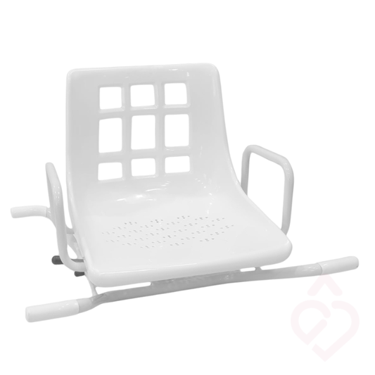 Cadeira giratória de banheira com assento, encosto e apoios de braços, concebida para facilitar a higiene pessoal com maior conforto, segurança e autonomia.