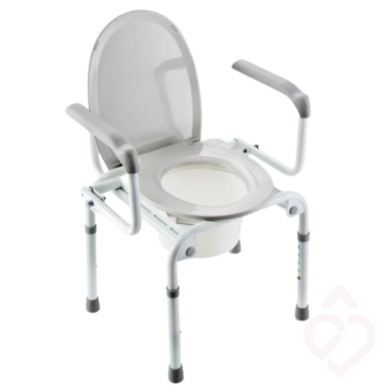 Cadeira sanitária regulável em altura, com braços rebatíveis, tampa e balde sanitário removível.