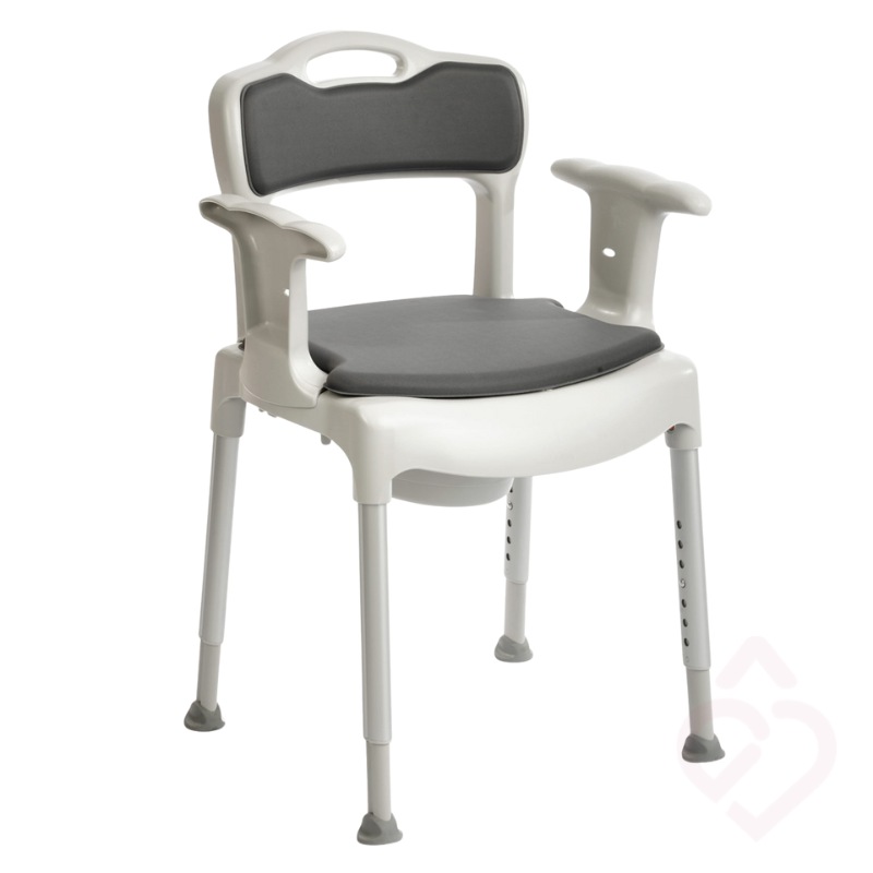 Cadeira sanitária e de duche regulável em altura, com braços de apoio, encosto e assento almofadado.